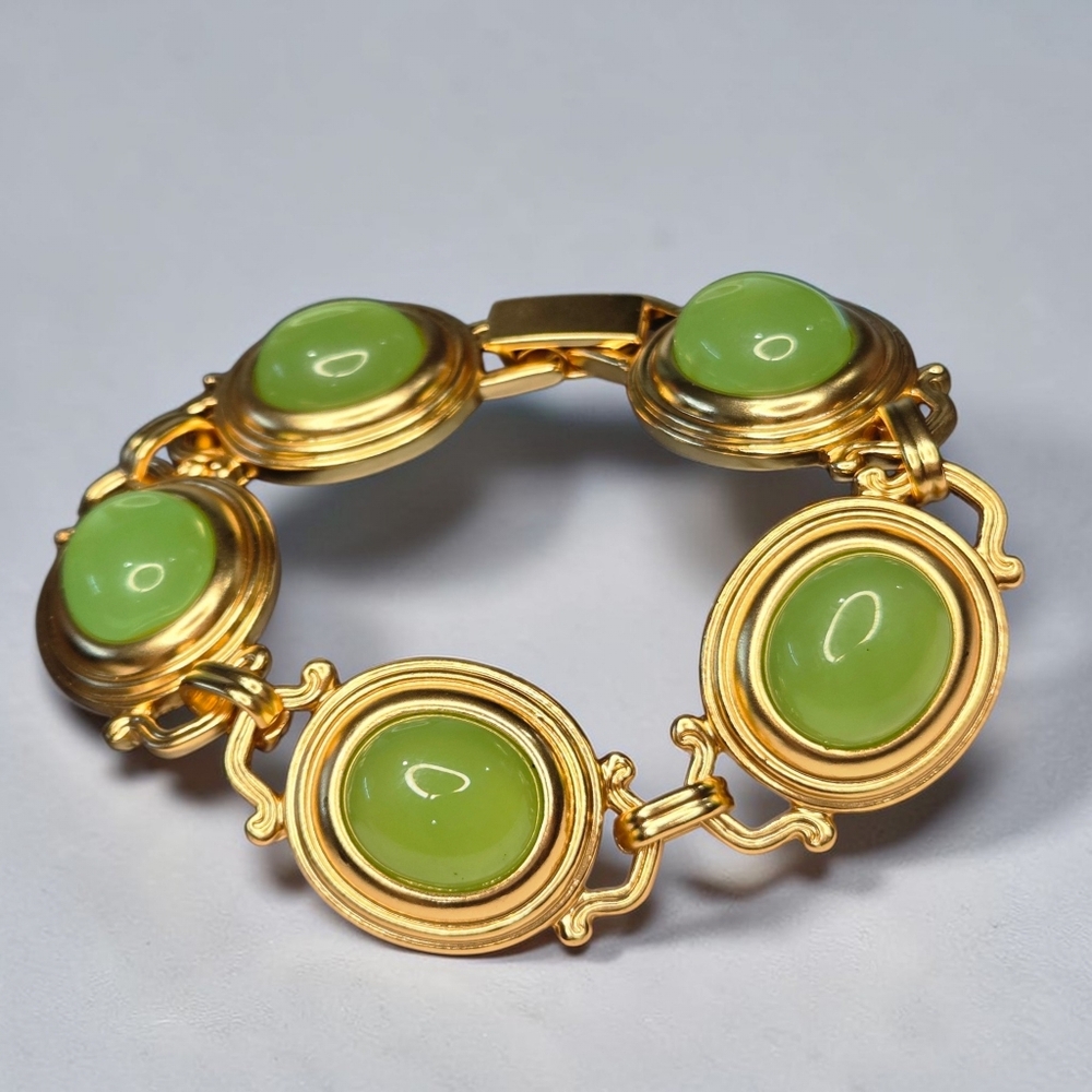 18k Gold Plated Chunky Jade Glass Oval Cabochon Statement Bracelet